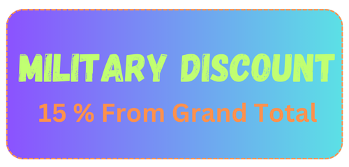 Military discount: 15% off grand total, text on a colorful rounded rectangle.