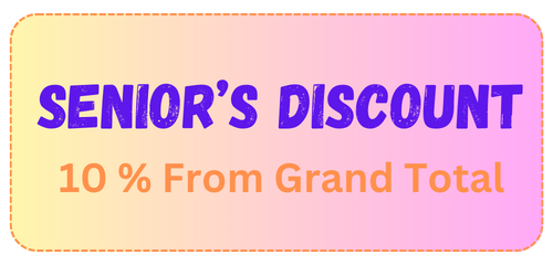 Senior's discount. Text in purple: SENIOR'S DISCOUNT. Below, in orange: 10% From Grand Total.