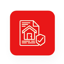 Red square with a document showing a house and a shield, signifying home insurance.