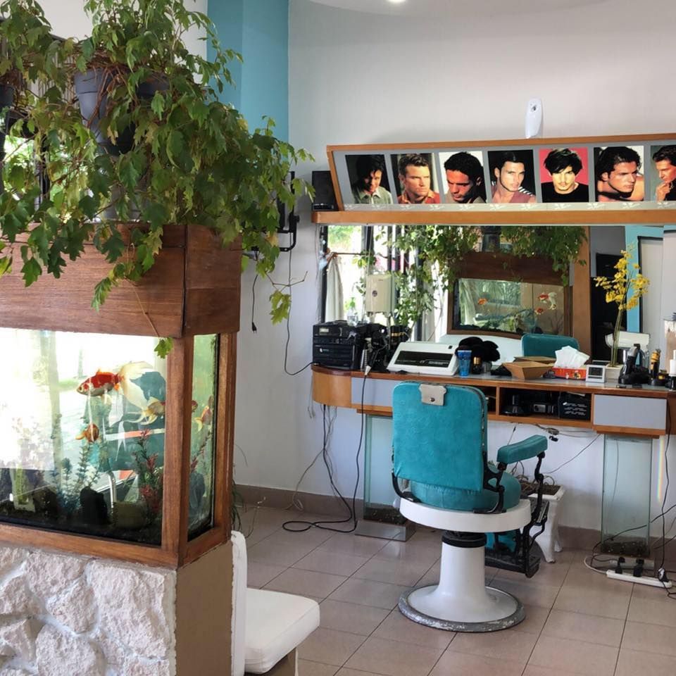 El interior de una barbería cuenta con una pecera con una planta grande, una silla de peluquería azul