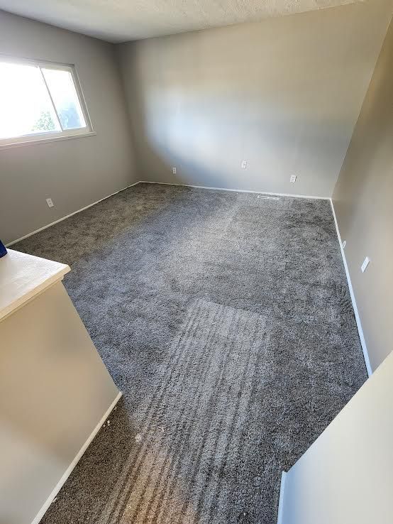 Empty room with gray walls and carpet, a window, and a white cabinet.