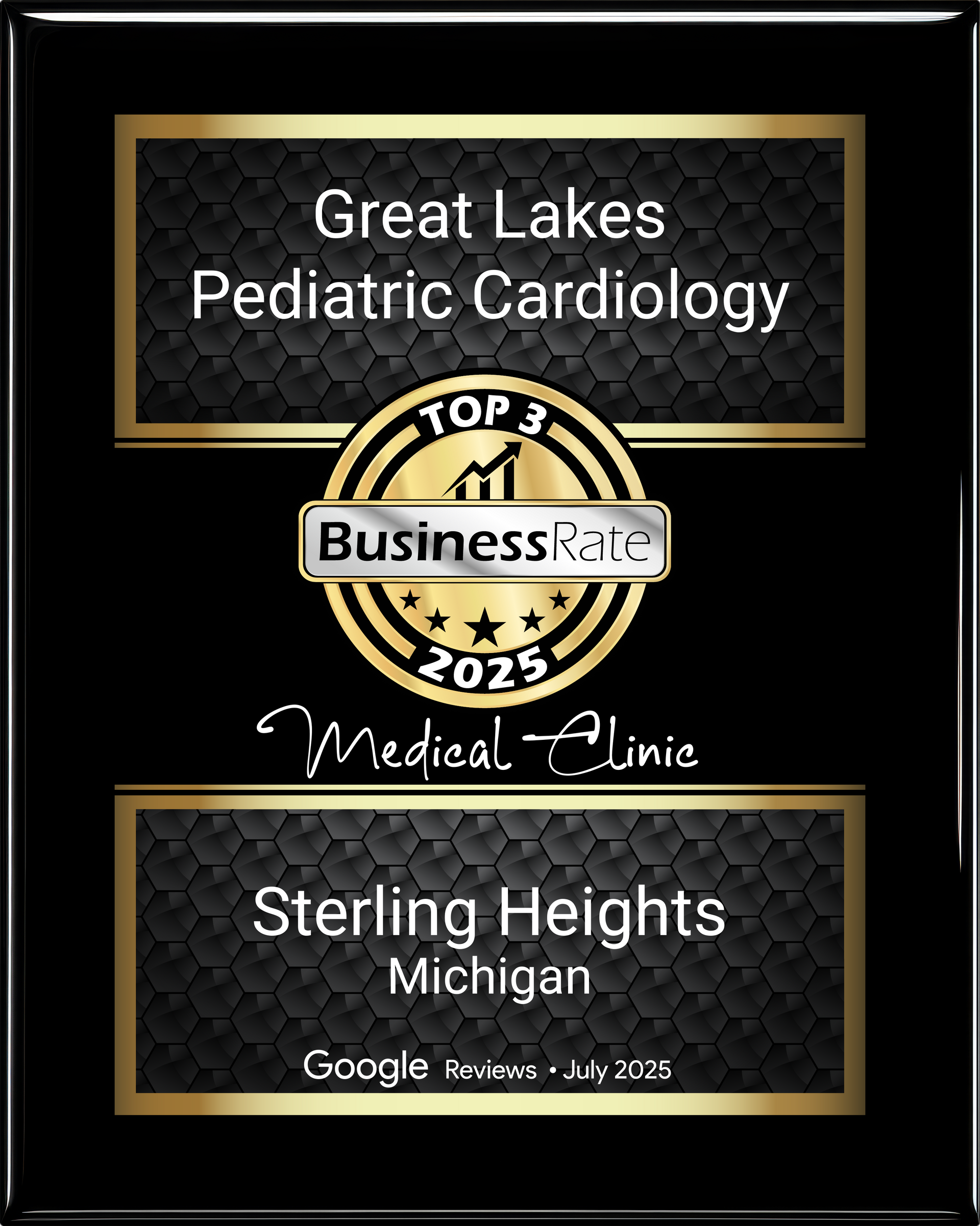 Great Lakes Pediatric Cardiology award plaque, Top 3 Business Rate 2025, Sterling Heights, Michigan