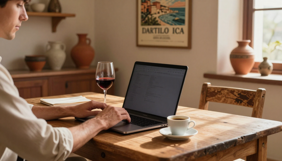 Person working on a laptop at a rustic wooden table with coffee and a glass of red wine in a cozy room