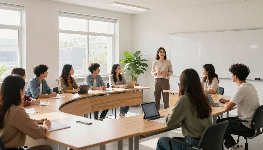Team meeting in a bright conference room, with a presenter standing beside seated colleagues around a table.