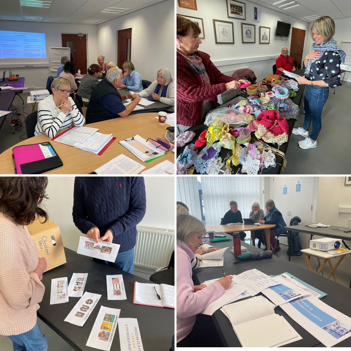 Collage of people in a meeting room sorting craft items and papers at tables.