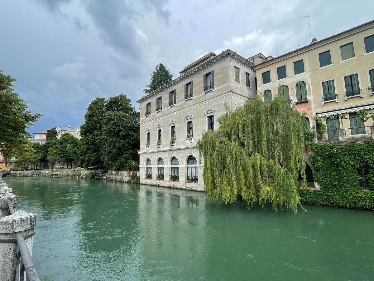 Canal beside pale stone buildings and a willow tree under a cloudy sky