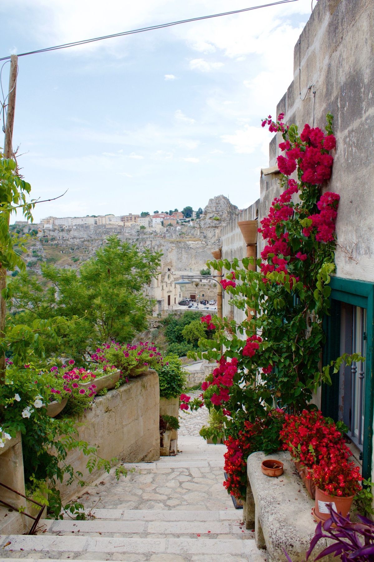 Narrow stone stairway lined with pink flowers, leading to a hillside town view under a blue sky