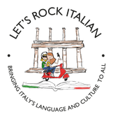 Let's Rock Italian logo with scooter rider under Colosseum, slogan about bringing Italy's language and culture to all