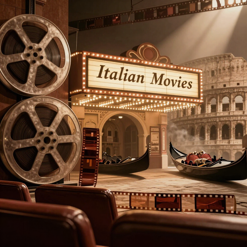Vintage movie theater scene with film reels, gondolas, and an “Italian Movies” marquee indoors