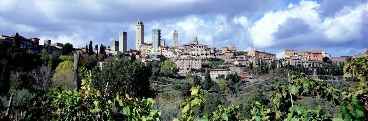 Panoramic city skyline with tall buildings above a green valley and cloudy blue sky