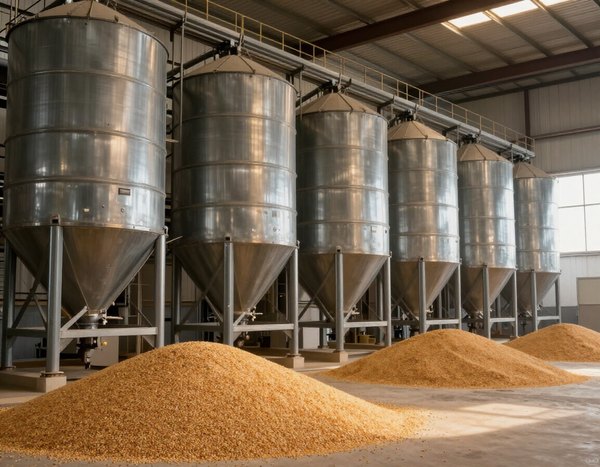 Silos metallici per cereali in un magazzino, con cumuli di cereali sul pavimento.