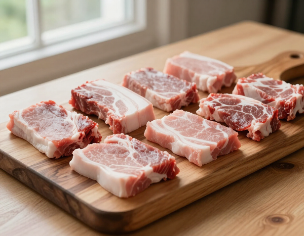 Fette di pancetta di maiale cruda e marezzata su un tagliere di legno vicino a una finestra