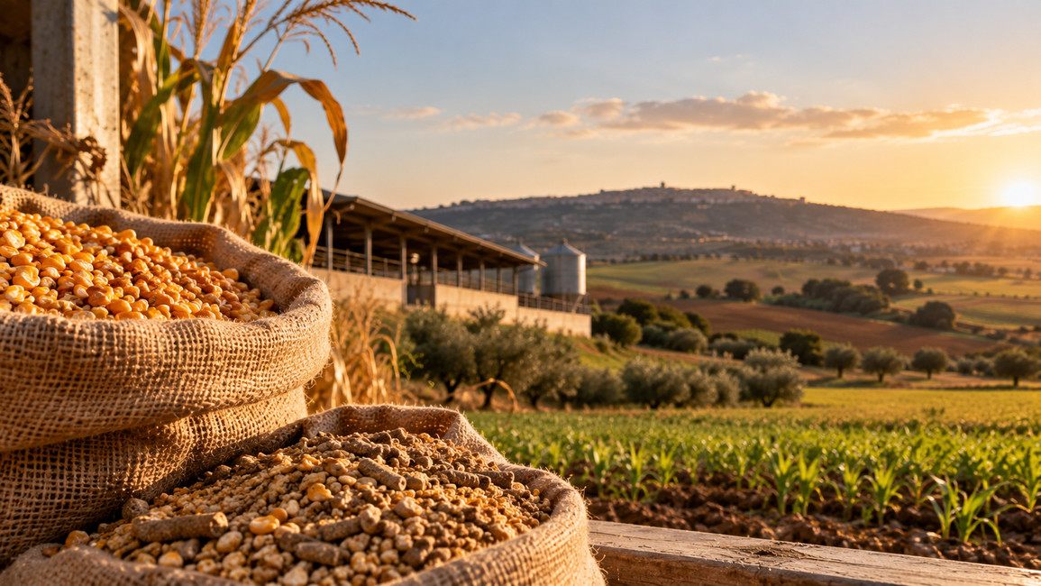 Sacchi di grano appena raccolto accanto a una fattoria di campagna all’alba, con campi e colline sullo sfondo