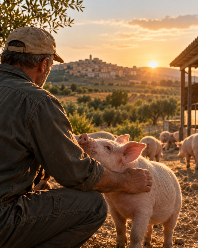Un pastore si inginocchia accanto a un maialino al tramonto, con vista su un villaggio e sulle pecore al pascolo in lontananza.