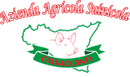 Logo con la scritta rossa «Azienda Agricola Suinicola» sopra il profilo verde di una mappa e un maiale su un nastro verde con la scritta «Calvaccanti»