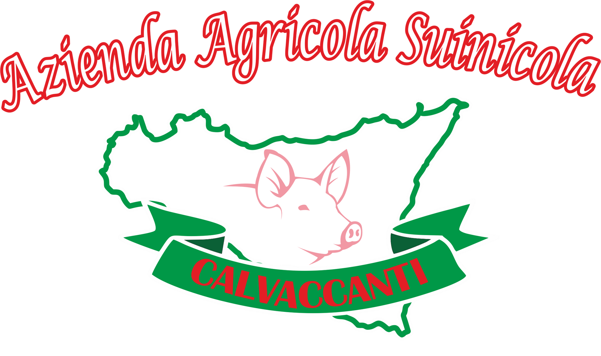 Logo con la scritta rossa «Azienda Agricola Suinicola» sopra il profilo verde di una mappa e un maiale su un nastro verde con la scritta «Calvaccanti»