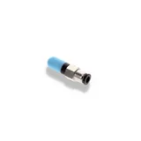 A close up of a blue hose connector on a white background.