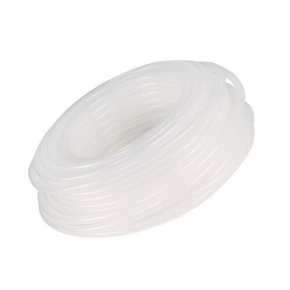 A spool of white hose with a black hole in the middle.