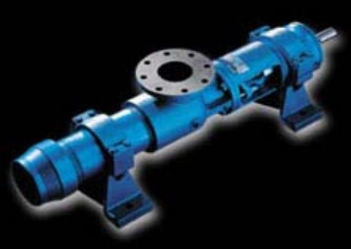 A blue pump with a flange on it is on a black background.