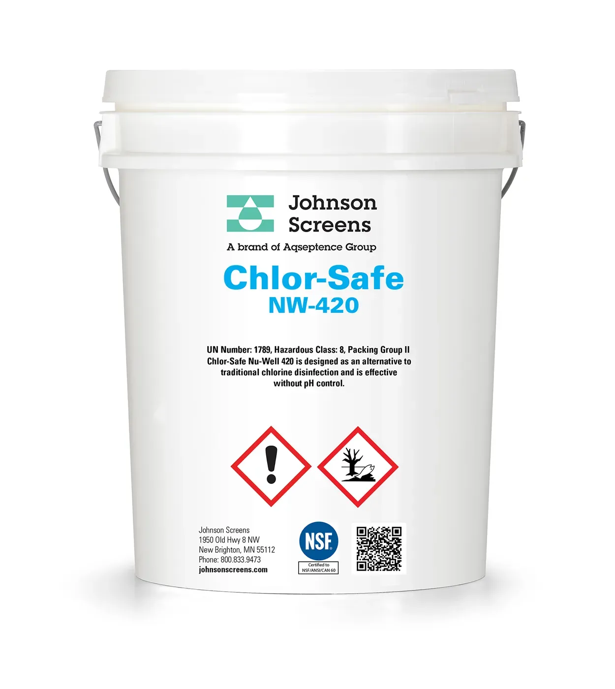 A white bucket of johnson screens chlor-safe nw 420 on a white background.