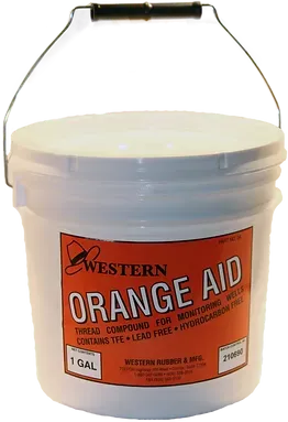 A white bucket with an orange label that says orange aid