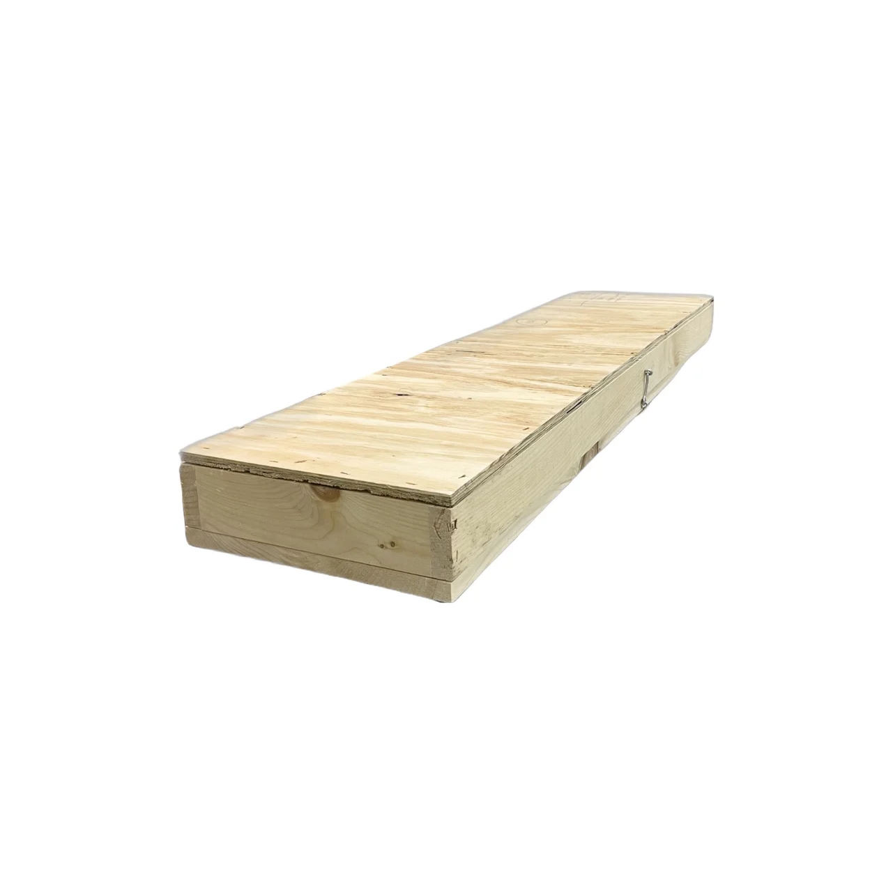 A wooden box with the lid open on a white background.