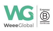 Logotipo de WeeeGlobal en verde y negro con una insignia de certificación B.