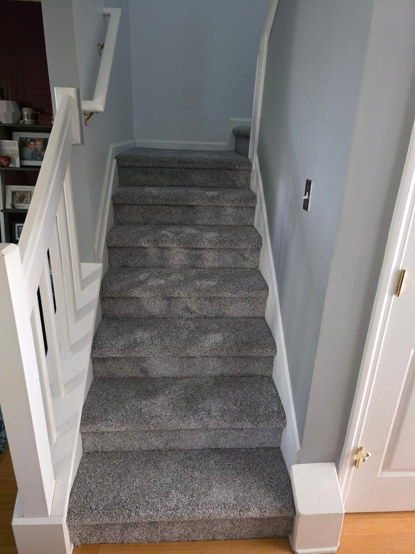 Carpeted staircase in a narrow hallway with white railing and light gray walls