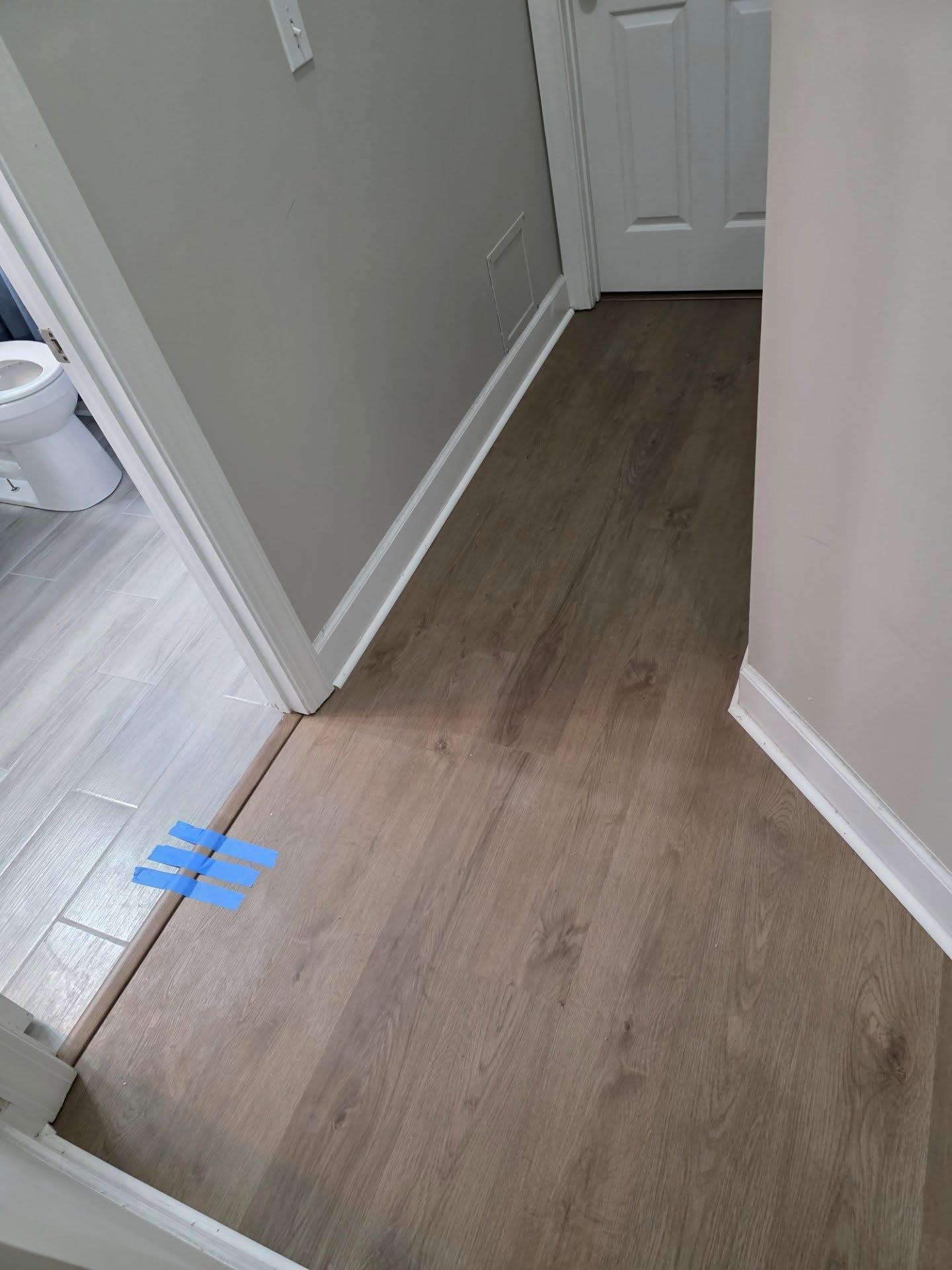Hallway with wood-look flooring, gray walls, and a white door at the end.