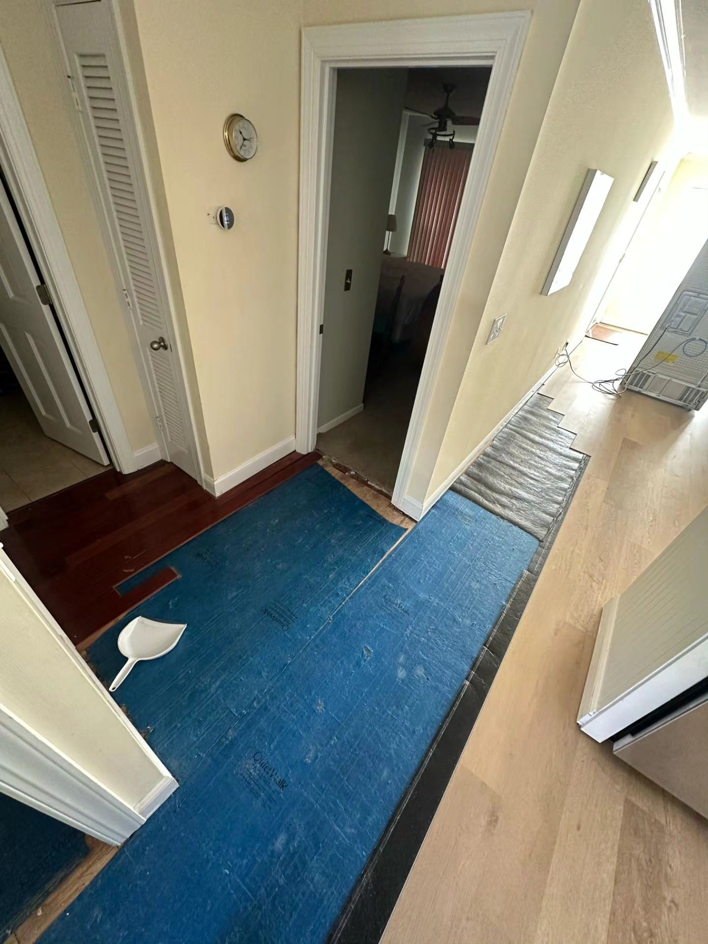 Narrow hallway with blue runner rug, open closet door, and hardwood floors in a bright home interior