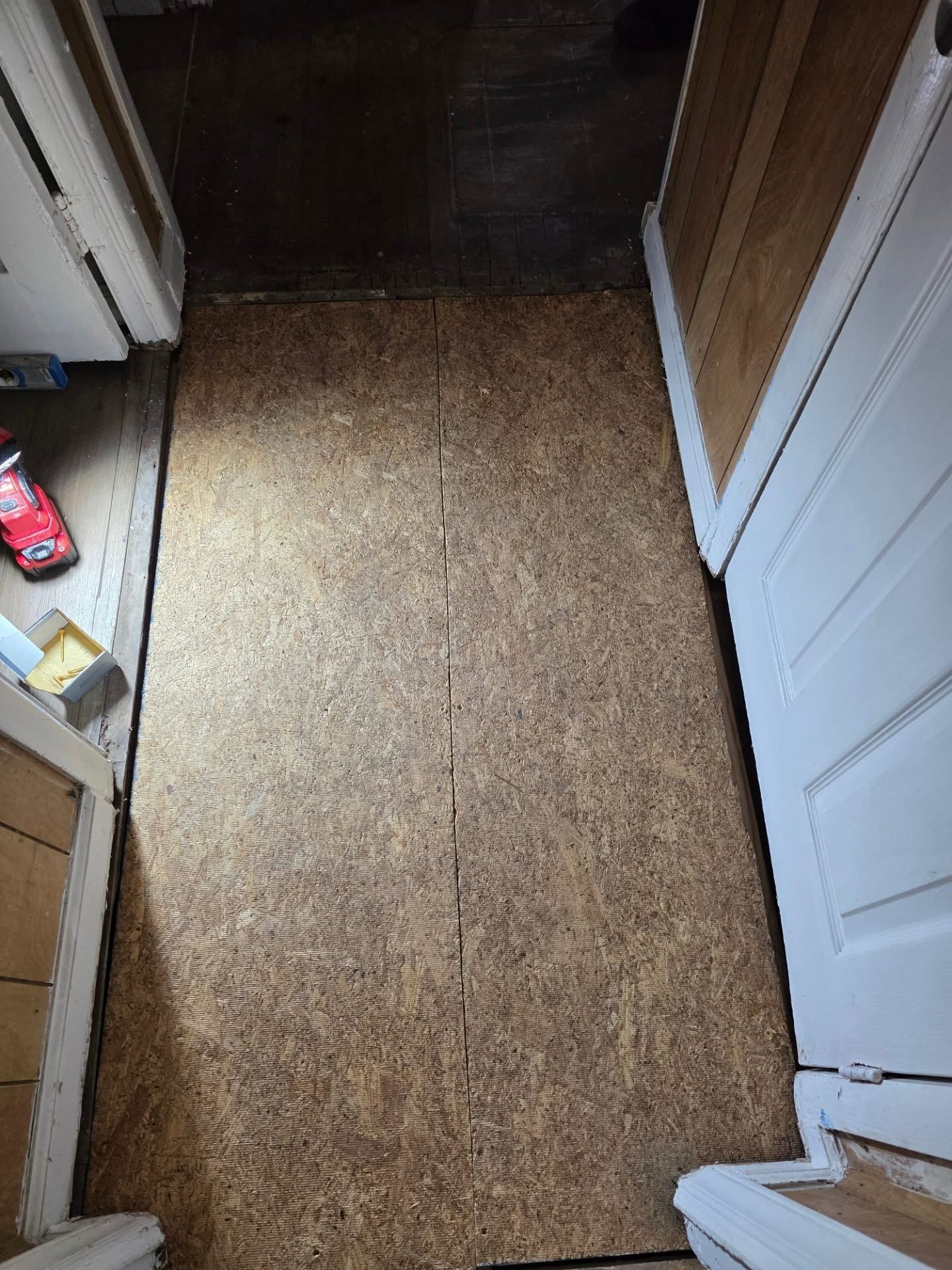 Narrow hallway with a tan carpet runner, white doors, and a dark floor at the far end.