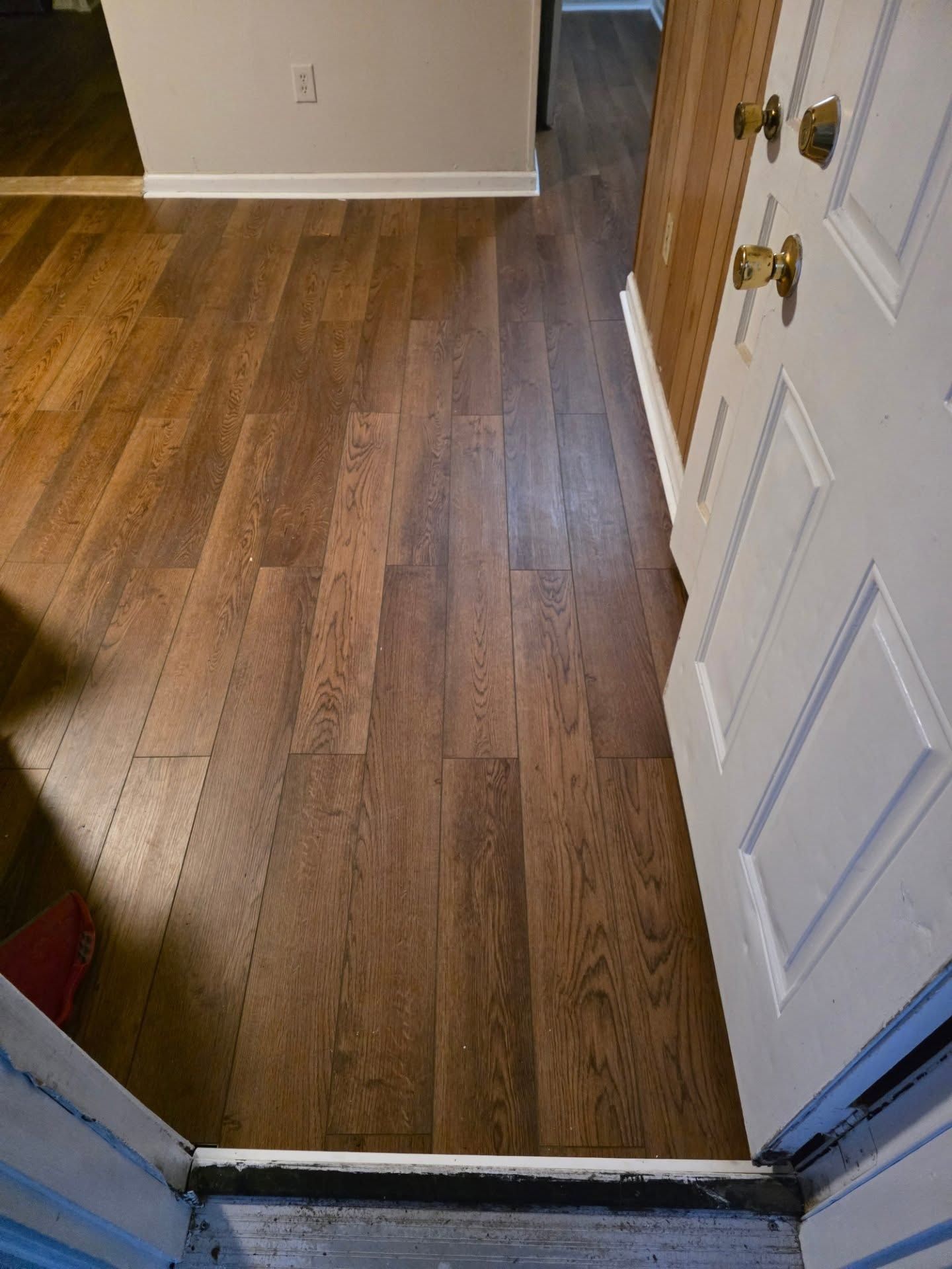 Wood floor hallway viewed from a doorway, with white doors and walls on the right.