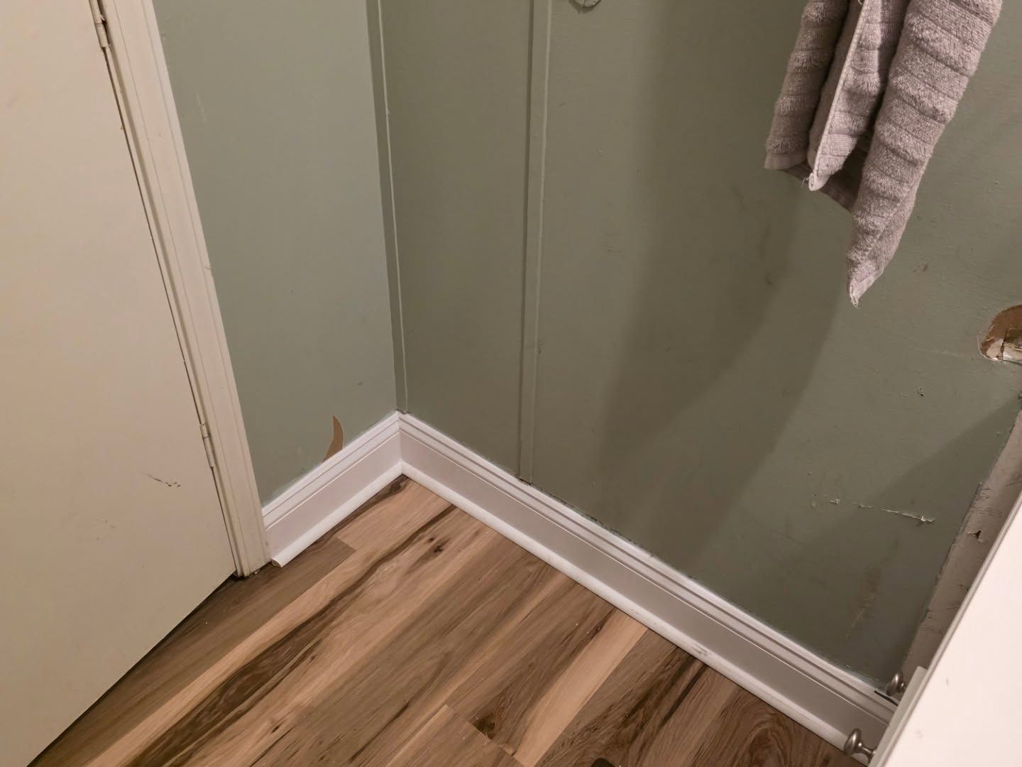 Corner of a room with sage green walls, white trim, and wood-look flooring near a door and hanging towel.