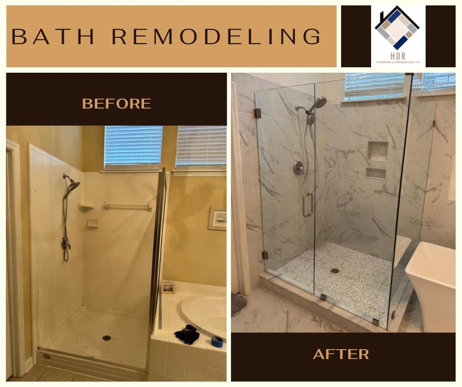 Bath remodeling before-and-after of a shower: beige tub enclosure replaced with a glass walk-in shower.