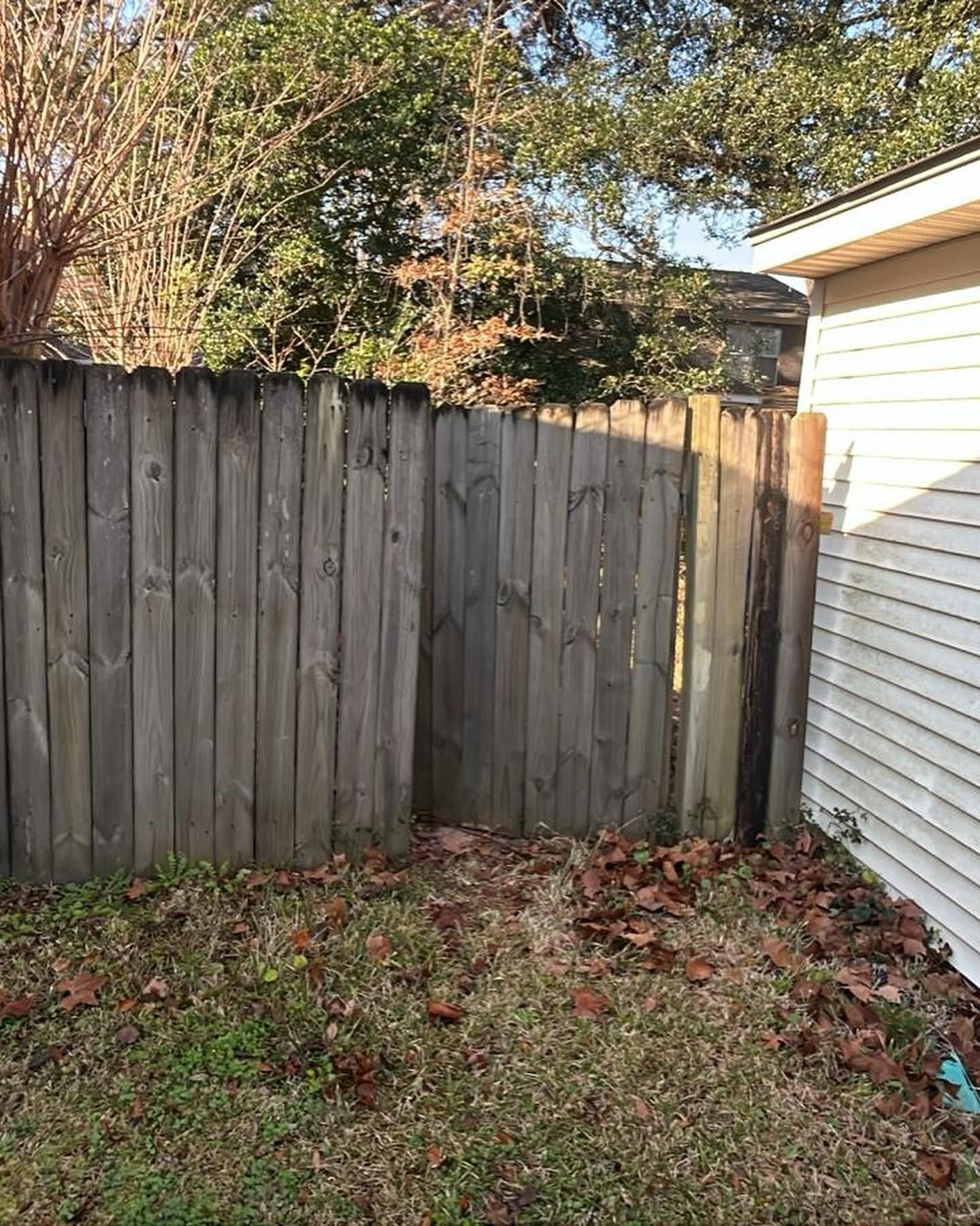 Small backyard corner with a weathered wooden fence, house siding, and fallen leaves on grass.