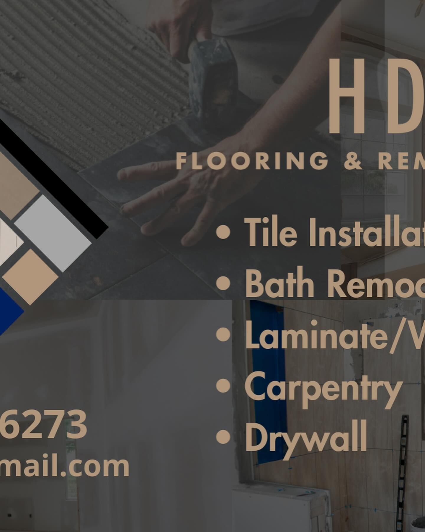 Flooring and remodeling ad with bullet services and sample tile colors on a dark background