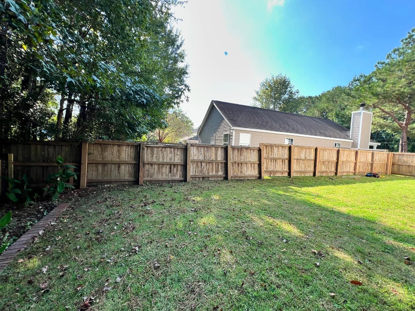 Backyard with wooden fence, grassy lawn, and a small shed under trees in sunlight