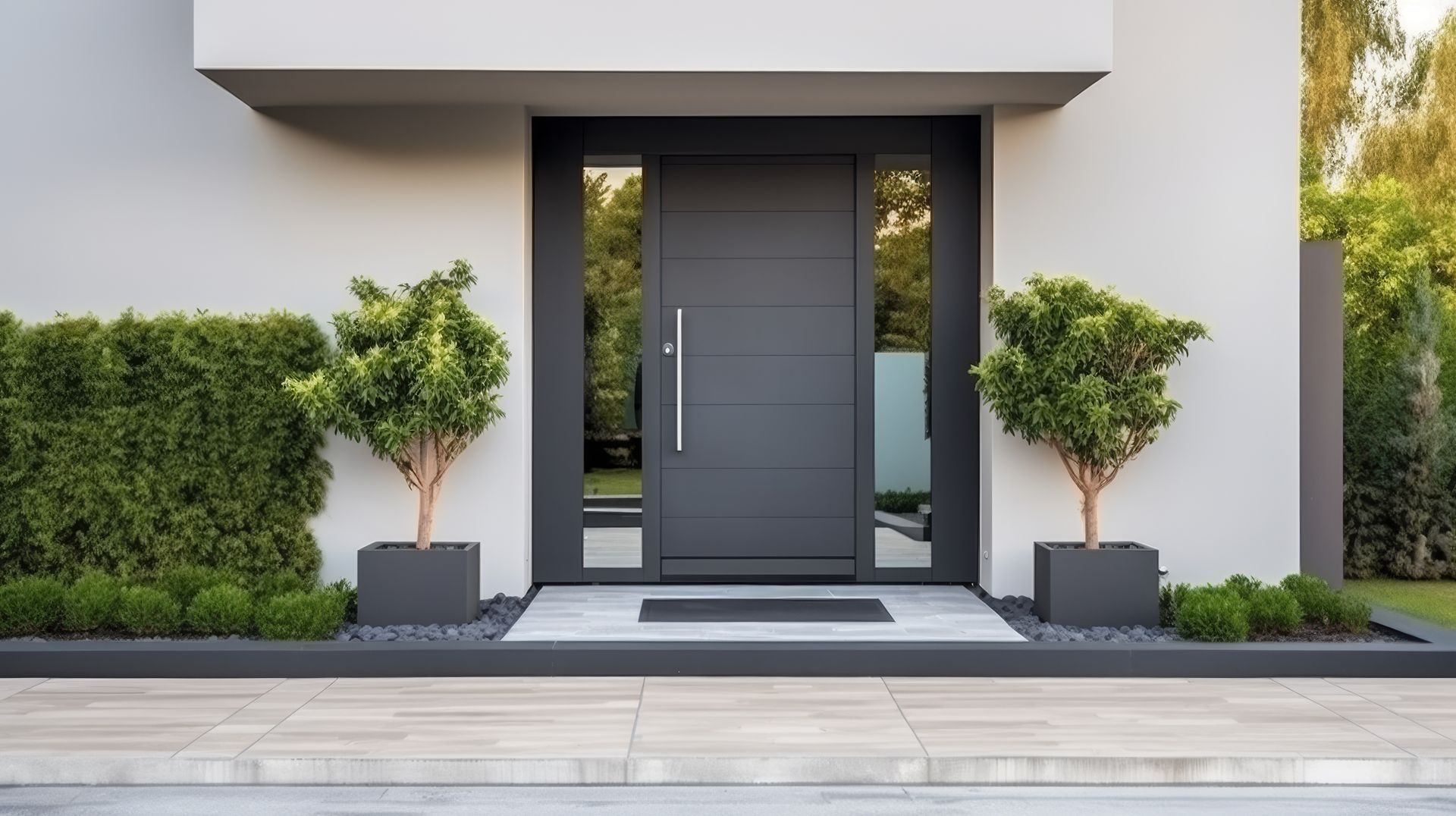 Porte d'entrée grise avec fenêtres latérales, flanquée d'arbres en pot et de verdure.