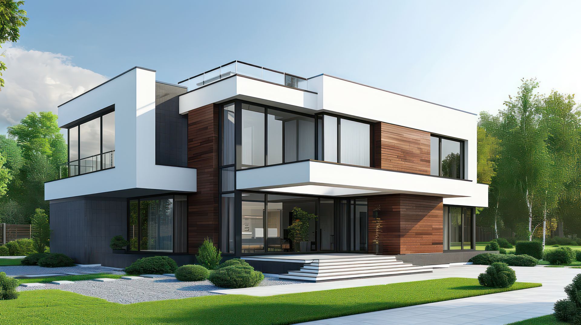 Maison moderne à deux étages avec murs blancs, grandes fenêtres et éléments en bois, entourée de verdure et d'un ciel bleu.