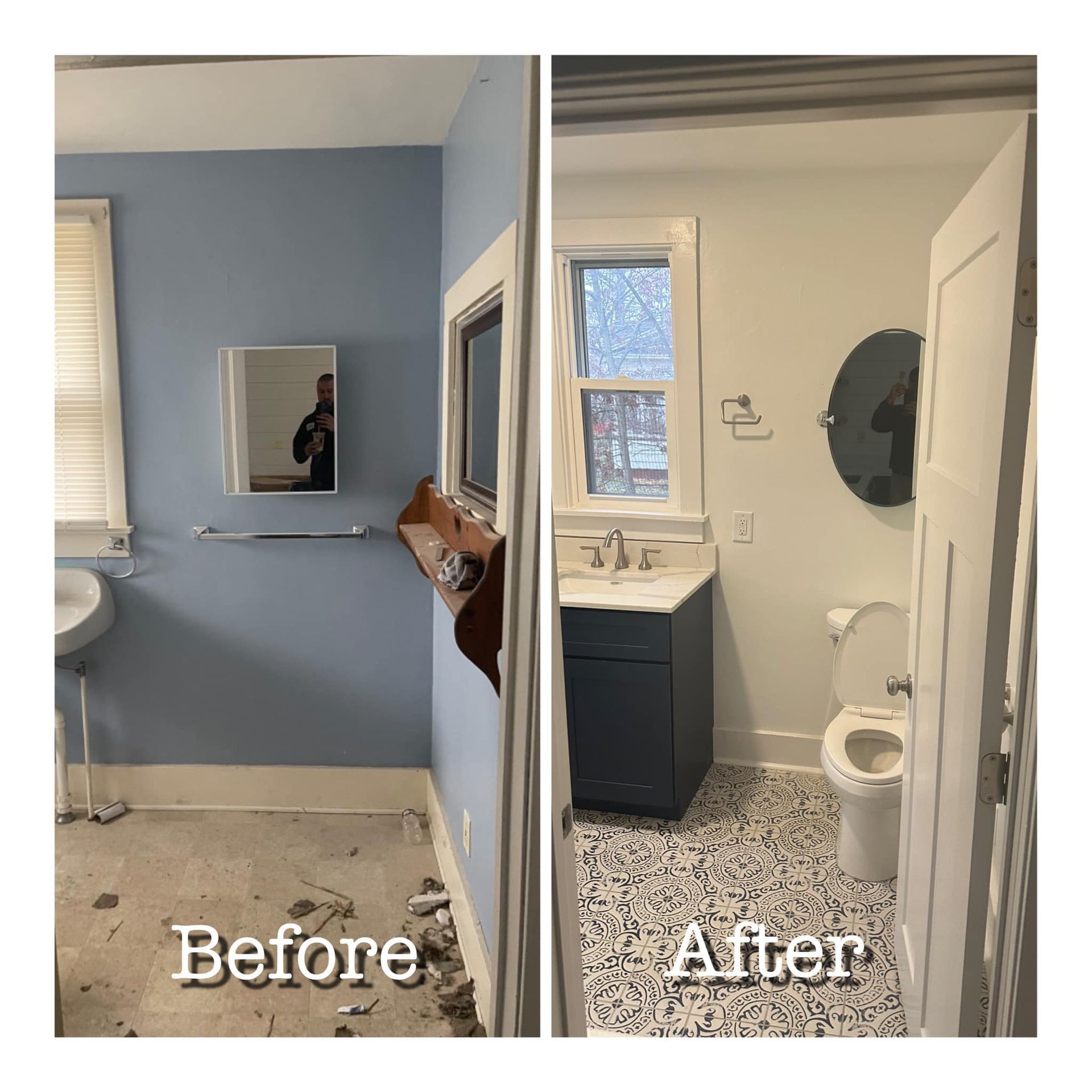 Before-and-after bathroom remodel: blue walls and worn floor replaced with white walls, vanity, and terrazzo floor.