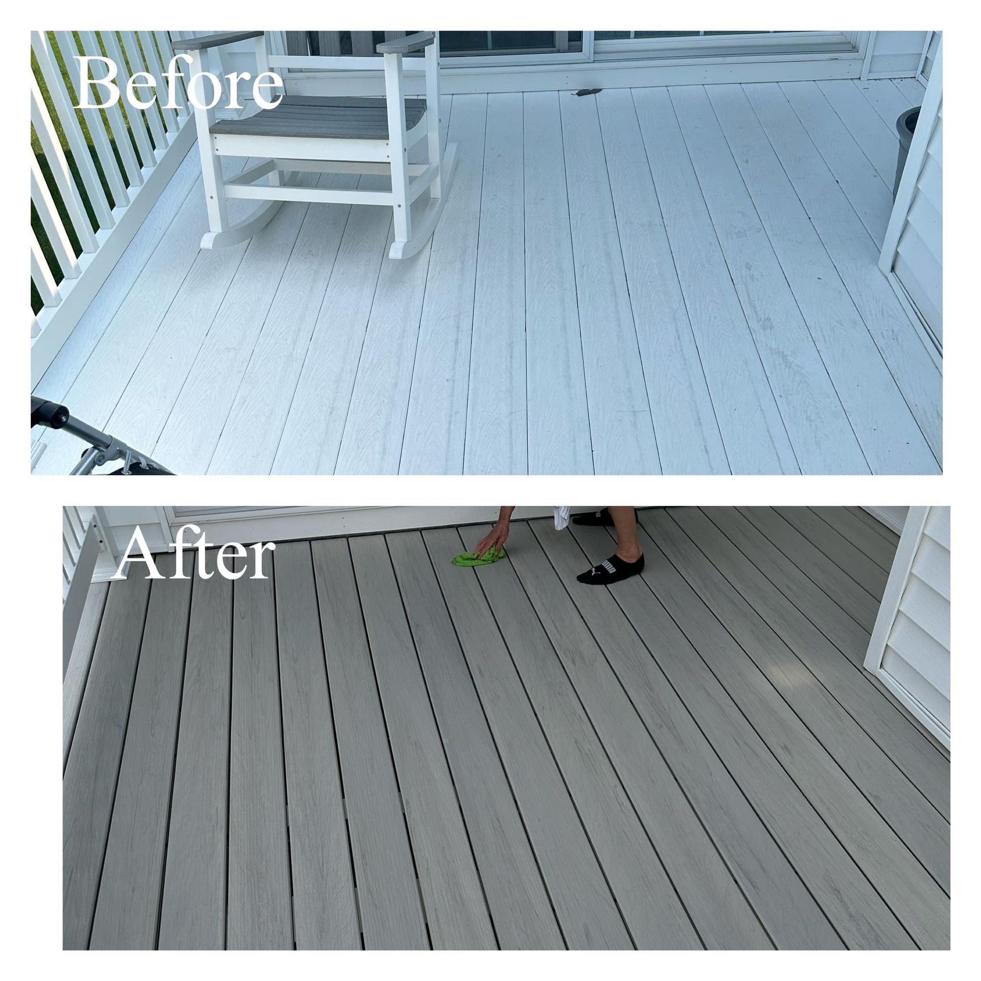 Before-and-after of a painted porch deck, changing from white to gray.