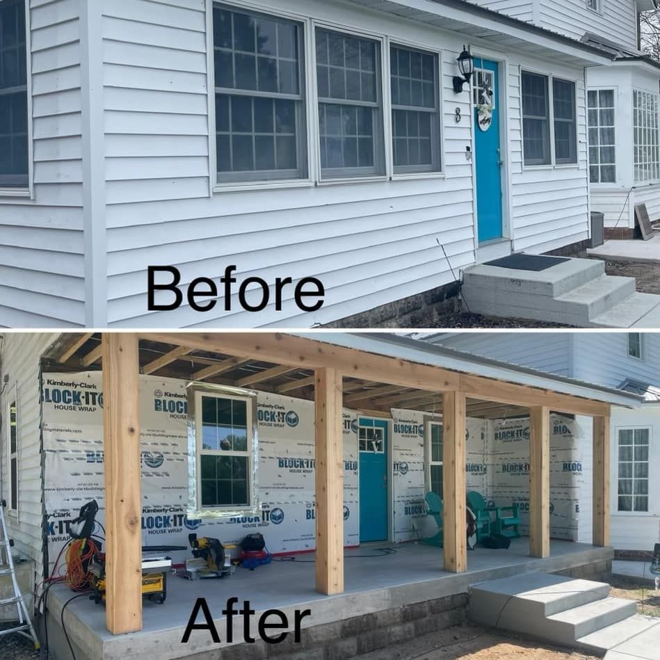 Before-and-after of a house porch renovation: white siding changed to an open wooden porch with steps.