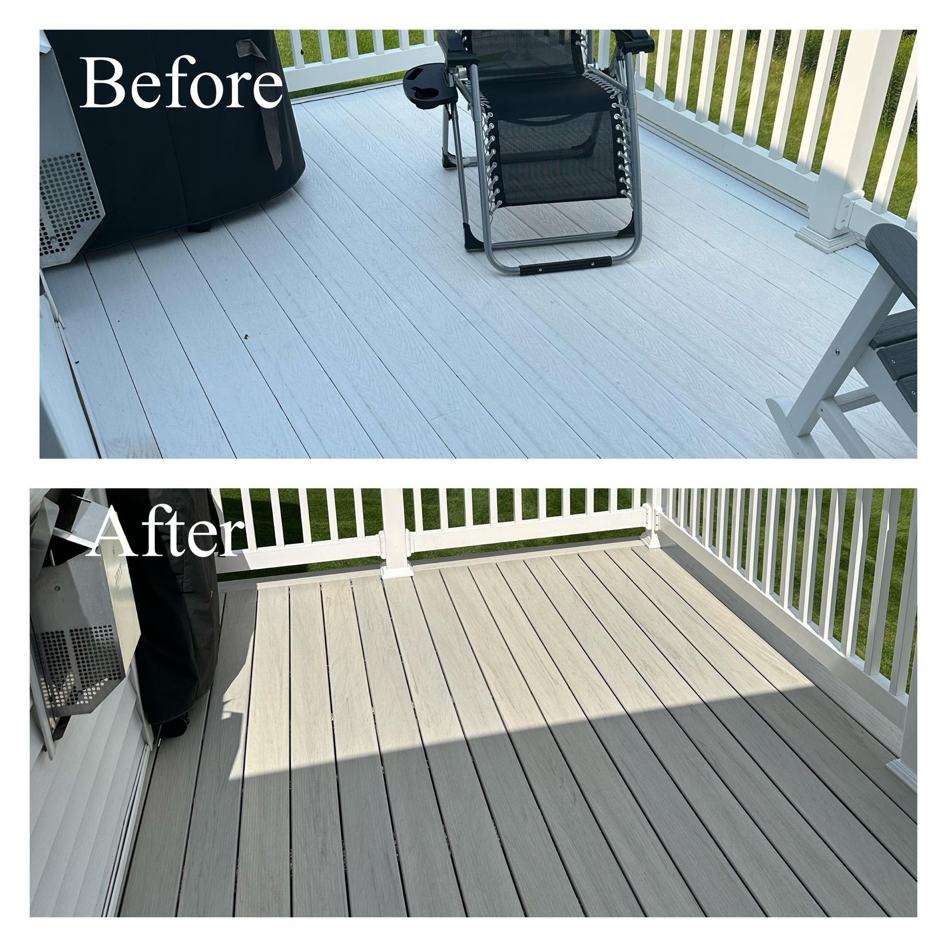 Before-and-after view of a gray deck transformed to beige decking boards