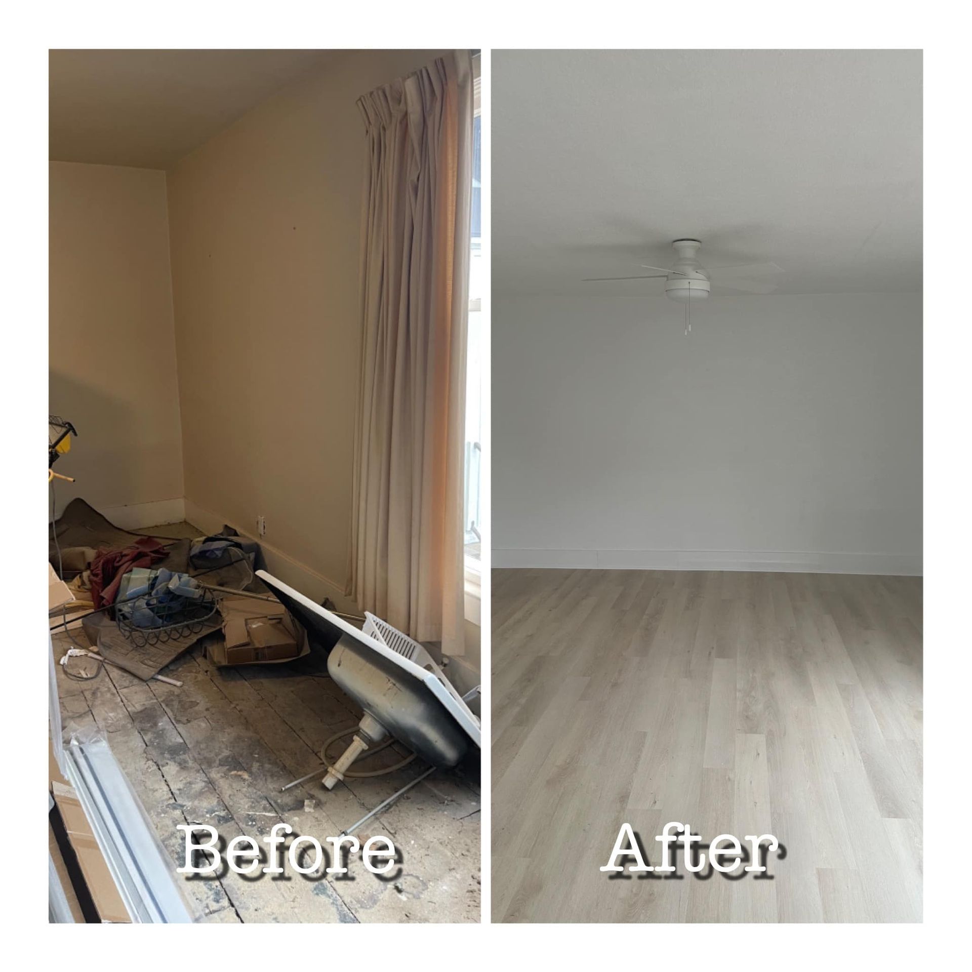 Split view of a room before and after cleaning, showing cluttered floor beside a clean, empty room