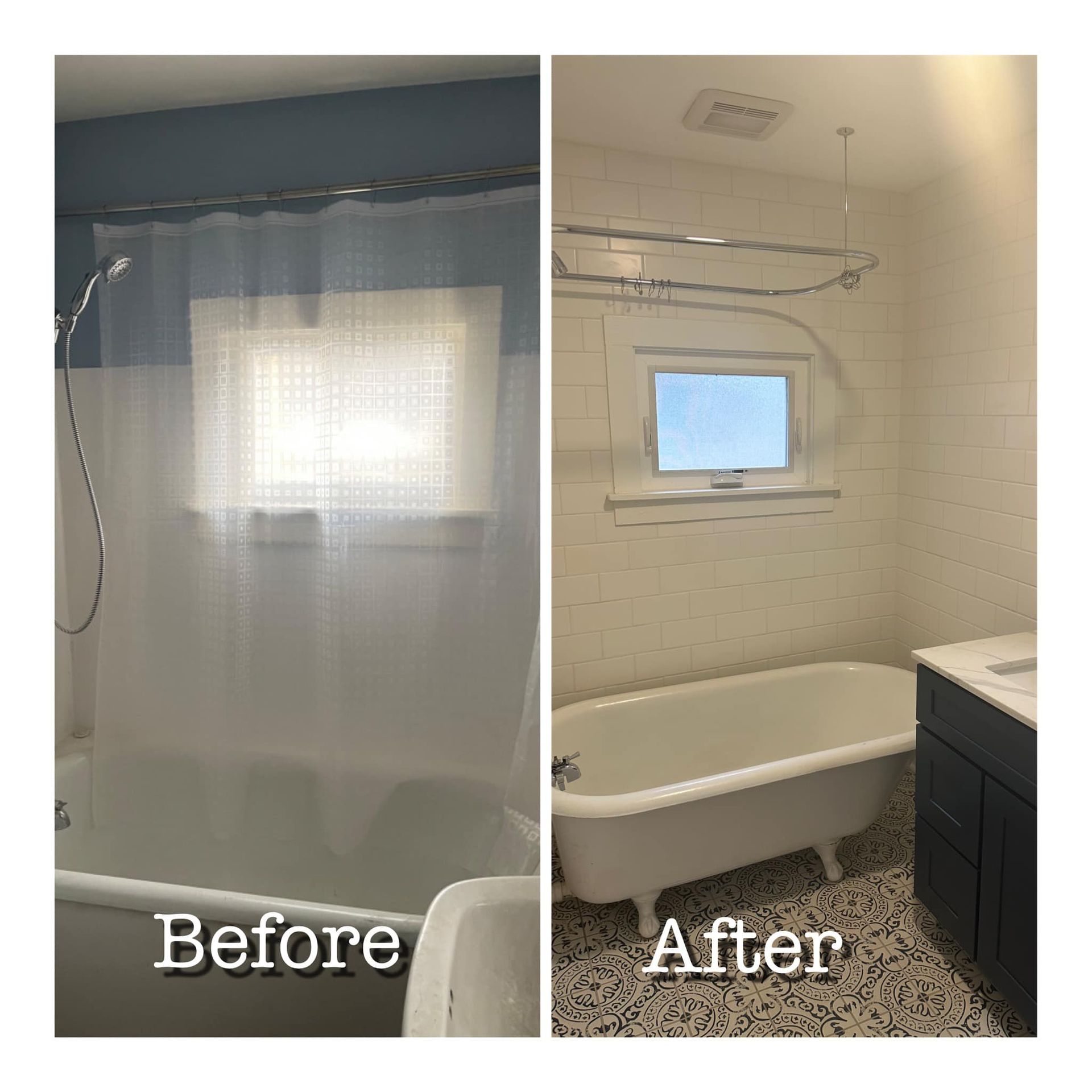 Bathroom shower curtain before-and-after: opaque curtain replaced by clear glass and a shower rod.