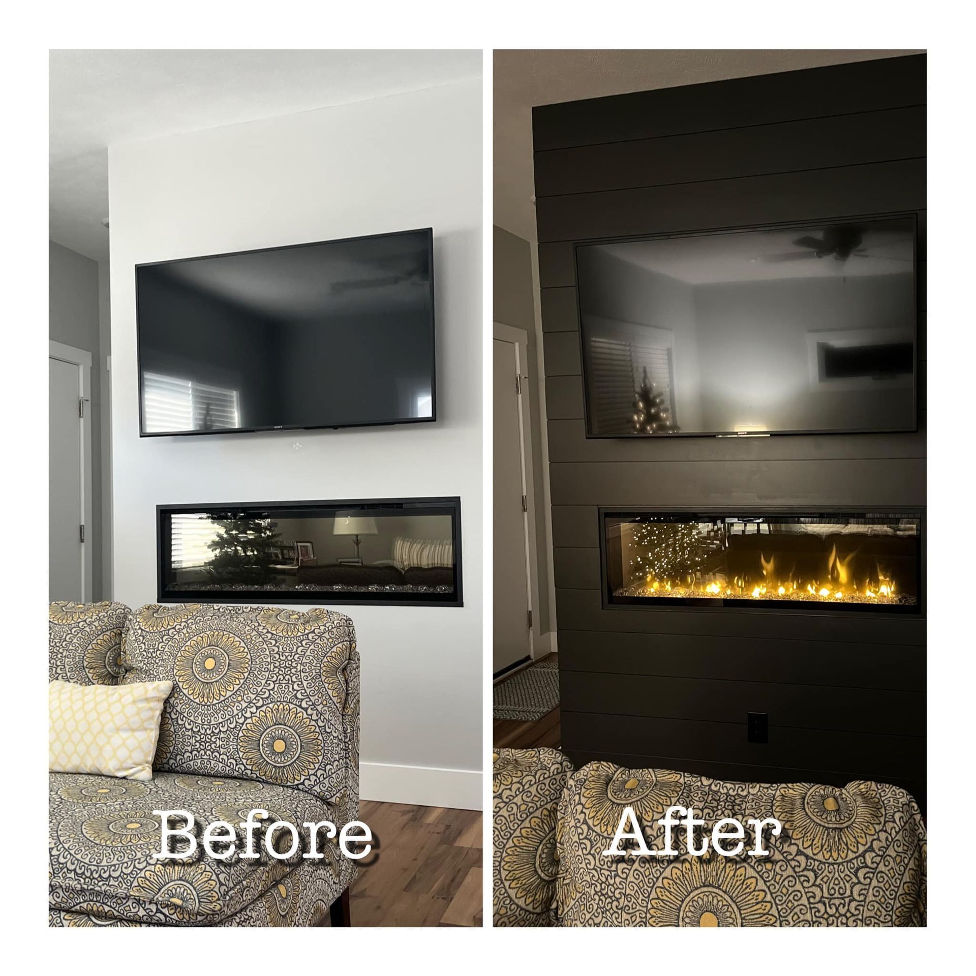Before-and-after living room wall with TV and fireplace; bright white wall changes to dark accent wall with lit fire.