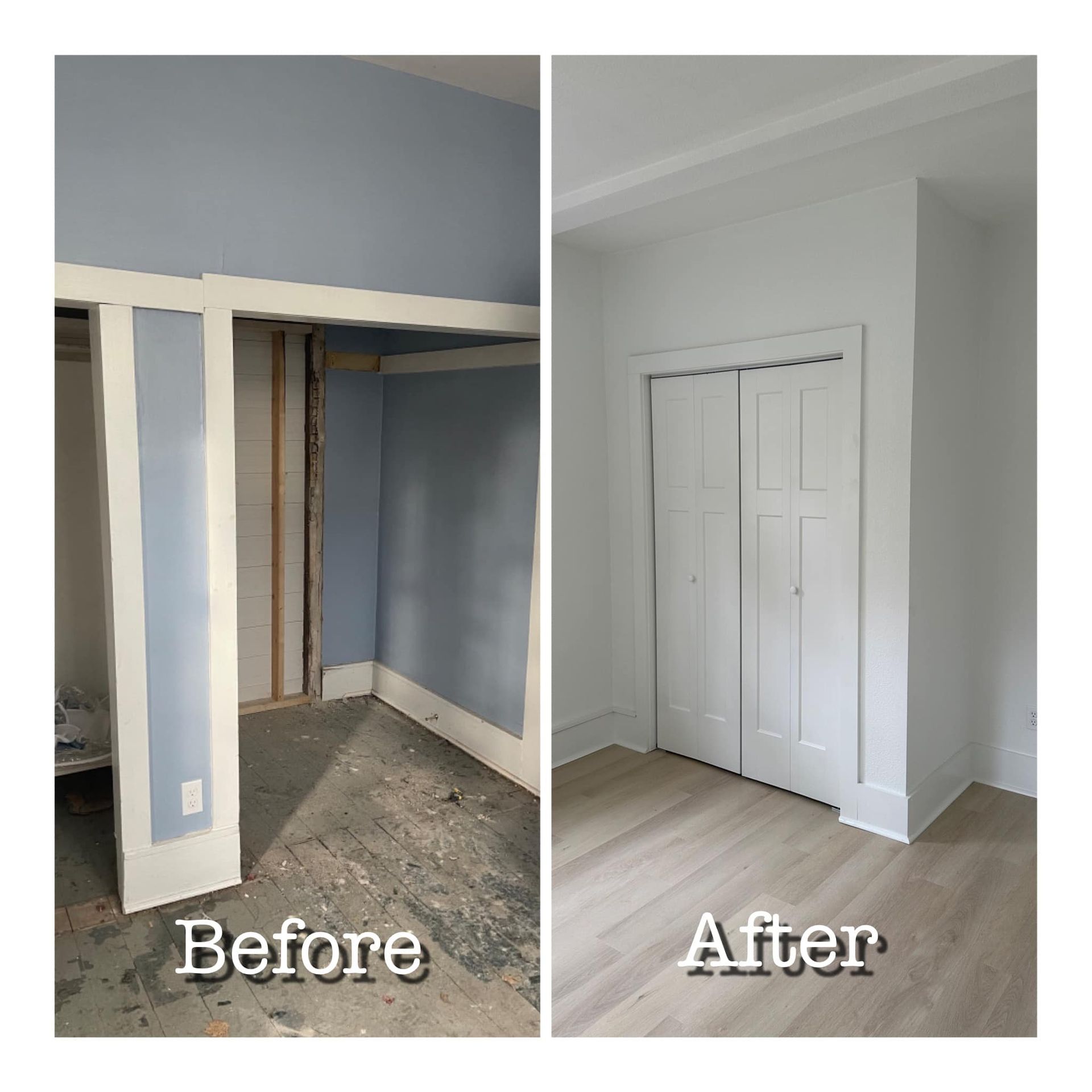 Side-by-side before-and-after of a closet opening transformed into white double closet doors in a gray room