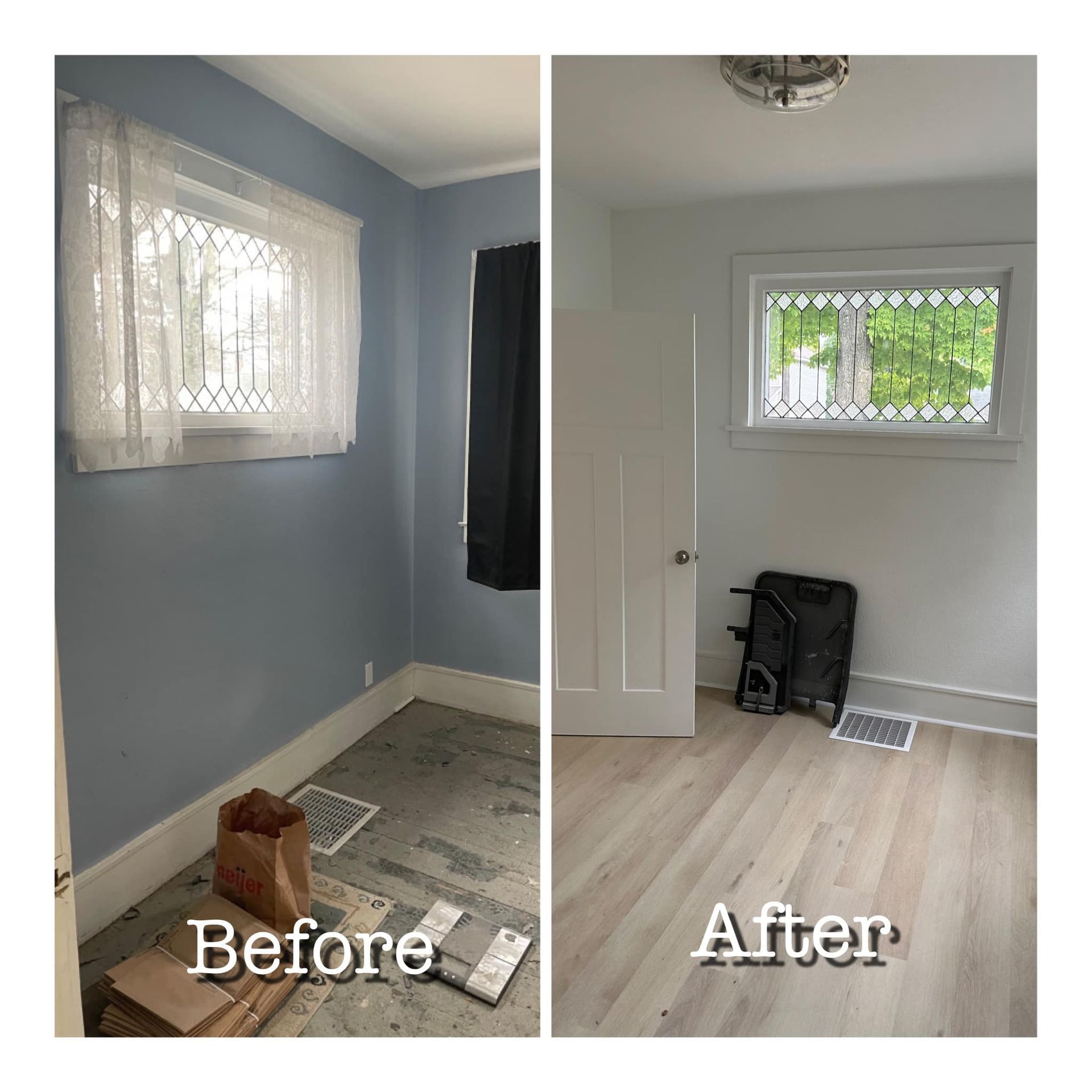 Side-by-side before and after of a small room with blue walls cleaned and repainted light gray.