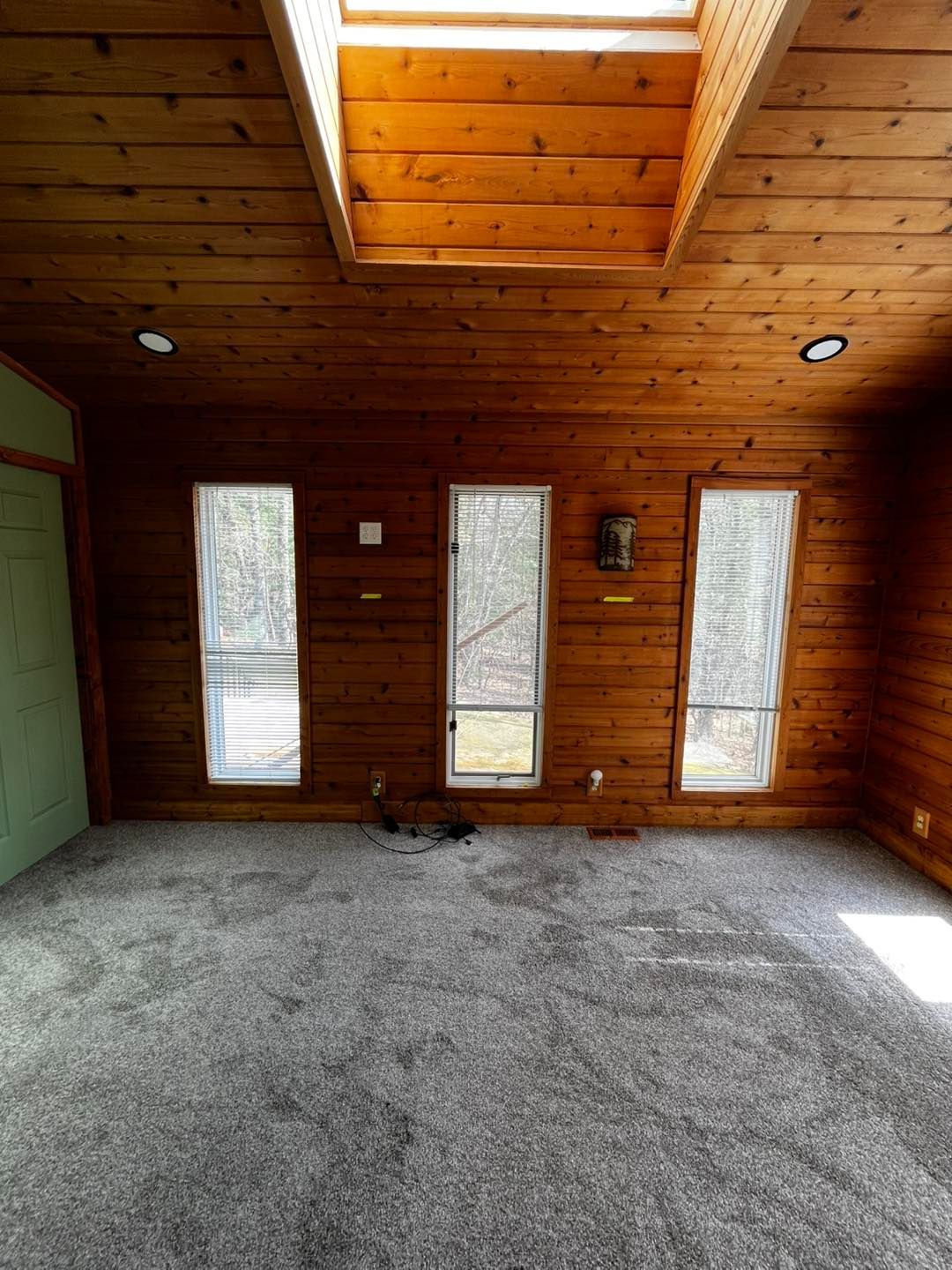Empty wood-paneled room with gray carpet, skylight, and three narrow windows.