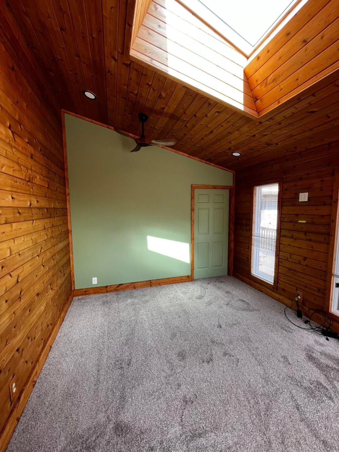 Empty room with wood-paneled walls, green accent wall, carpet, and skylight ceiling.